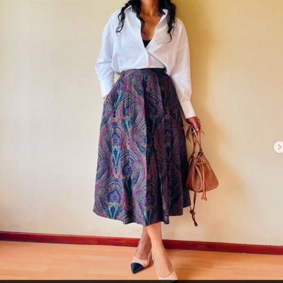 Vintage Bohemian Pleated Folk Midi Skirt Floral Paisely Cottagecore with Pockets - Picture 1 of 16